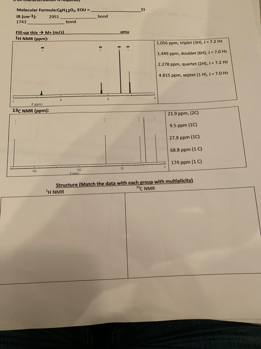 Molecular Formula:C6H1202, EOU =
IR (cm-1):
2951
bond
1743
bond
Fill-up this → M+ (m/z)
1H NMR (ppm):
amu
1.056 ppm, triplet (3H), J = 7.2 Hz
1.449 ppm, doublet (6H), J =7.0 Hz
2.278 ppm, quartet (2H), J =7.2 Hz
4.815 ppm, septet (1 H), J = 7.0 Hz
8 (ppm)
13C NMR (ppm):
21.9 ppm, (2C)
9.5 ppm (1C)
27.8 ppm (1C)
68.8 ppm (1 C)
174 ppm (1 C)
50
100
150
8 (oom)
Structure (Match the data with each group with multiplicity)
'H NMR
13C NMR
