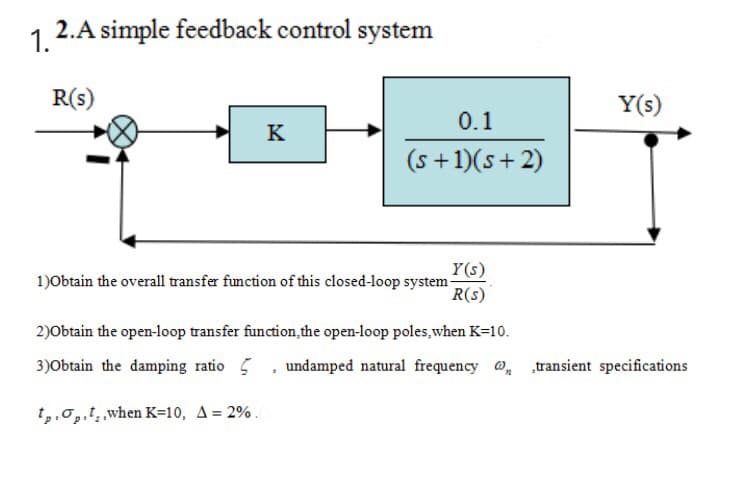 1.
2.A simple feedback control system
R(s)
Y(s)
0.1
K
(s +1)(s+ 2)
Y(s)
1)Obtain the overall transfer function of this closed-loop system-
*R(s)
2)Obtain the open-loop transfer function,the open-loop poles,when K=10.
3)Obtain the damping ratio 5, undamped natural frequency @, transient specifications
1,,0,,1,when K=10, A= 2%.
