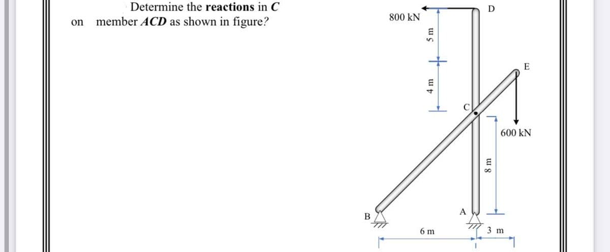 on
Determine the reactions in C
member ACD as shown in figure?
800 KN
E
5
+
m
4
+
6 m
D
8 m
E
600 KN
3 m