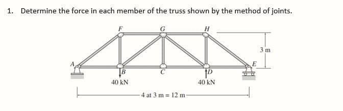 1. Determine the force in each member of the truss shown by the method of joints.
40 KN
-4 at 3 m = 12 m
D
40 kN
E
3 m
