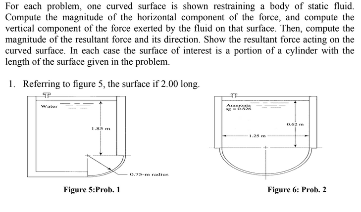 For each problem, one curved surface is shown restraining a body of static fluid.
Compute the magnitude of the horizontal component of the force, and compute the
vertical component of the force exerted by the fluid on that surface. Then, compute the
magnitude of the resultant force and its direction. Show the resultant force acting on the
curved surface. In each case the surface of interest is a portion of a cylinder with the
length of the surface given in the problem.
1. Referring to figure 5, the surface if 2.00 long.
Ammonia
sg-0.826
Water
0.62 m
1.85 m
1.25 m
0.75-m radius
Figure 5:Prob. 1
Figure 6: Prob. 2
