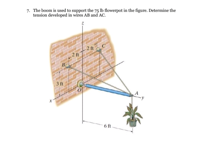 7. The boom is used to support the 75 lb flowerpot in the figure. Determine the
tension developed in wires AB and AC.
2 ft
2 ft
3 ft
6 ft
