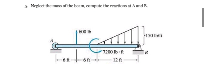 5. Neglect the mass of the beam, compute the reactions at A and B.
600 lb
Fea-
150 lb/ft
A
7200 lb ft
6 ft -
-6 ft-
12 ft
