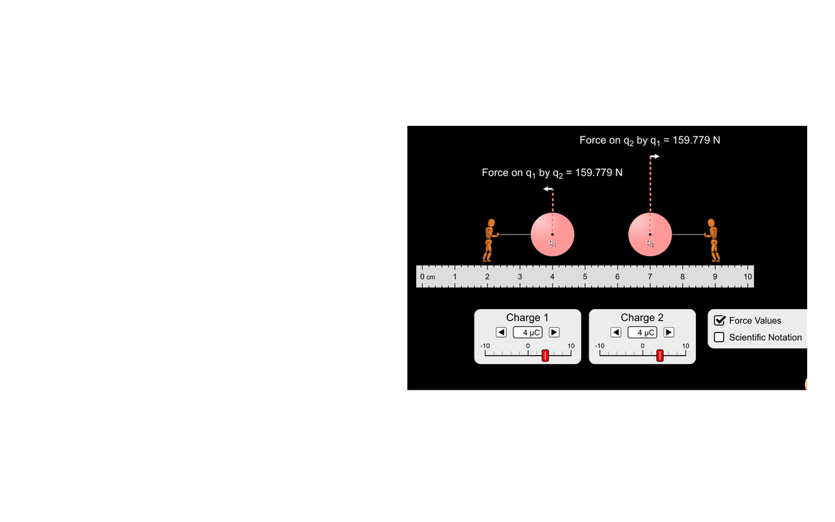 Force on q2 by q1 = 159.779 N
Force on q, by q2 = 159.779 N
O cm
1
2
3
4
6.
7
8
9.
10
Charge 1
Charge 2
Force Values
4 μC
4 μC
Scientific Notation
-10
10
-10
10
