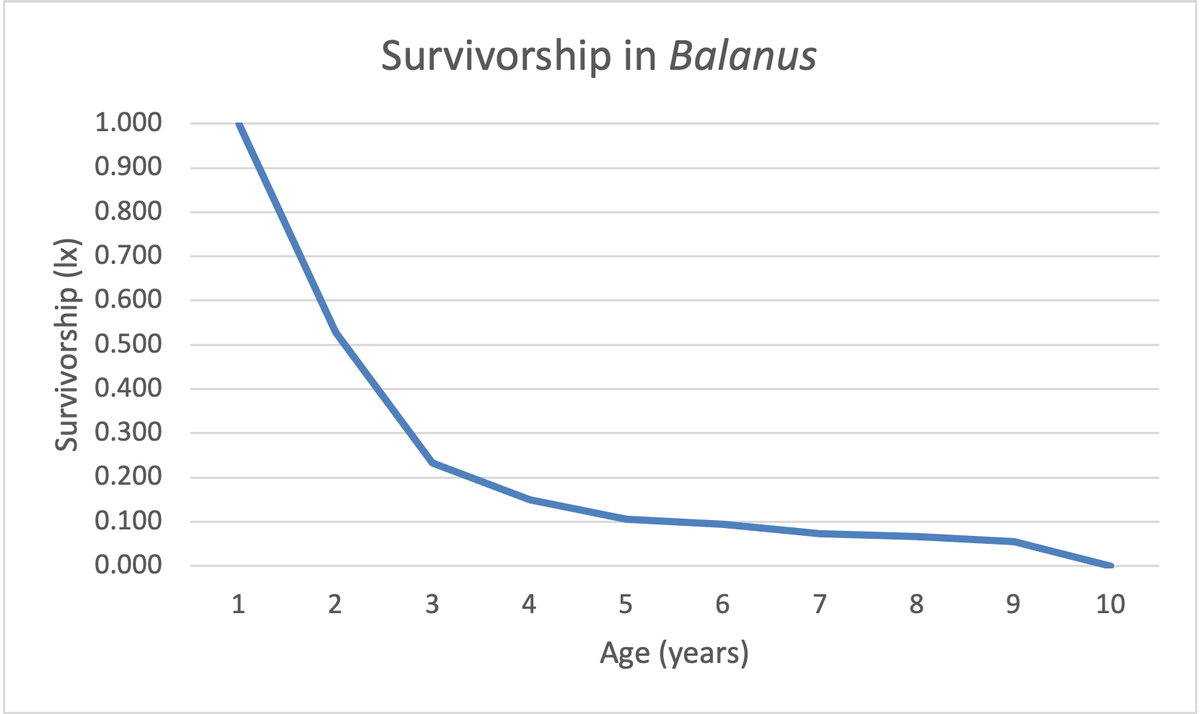 Survivorship (lx)
1.000
0.900
0.800
0.700
0.600
0.500
0.400
0.300
0.200
0.100
0.000
1
2
Survivorship in Balanus
3
4
5
6
Age (years)
7
8
9
10