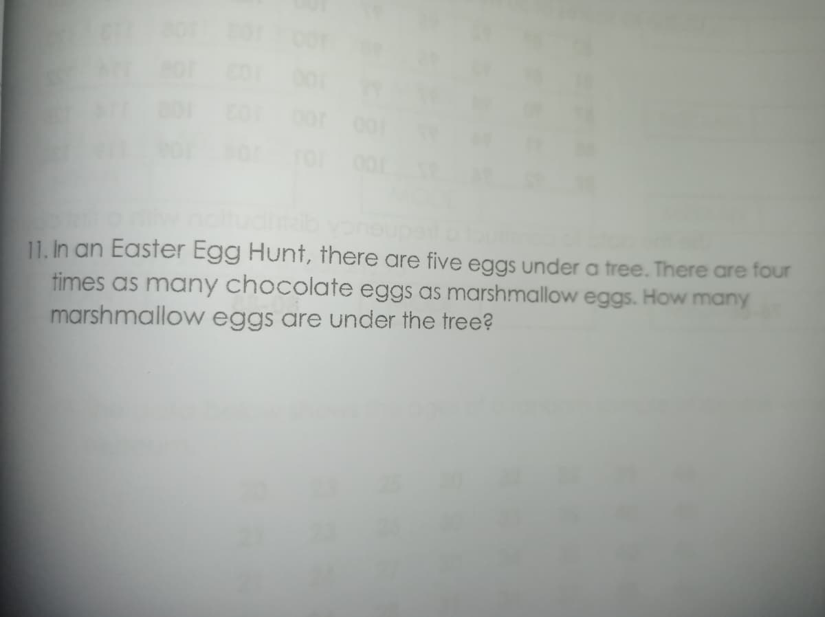 11. In an Easter Egg Hunt, there are five eggs under a tree. There are four
times as many chocolate eggs as marshmallow eggs. How many
marshmallow eggs are under the tree?
25
