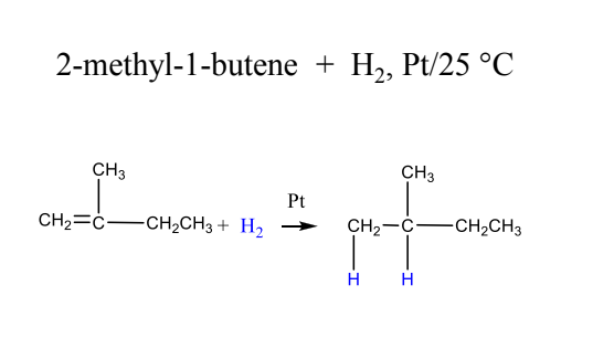 2-methyl-1-butene +
Н, Pt/25 °C
CH3
CH3
Pt
CH2=ċ-CH2CH3 + H2
CH2-C-CH2CH3
H H
