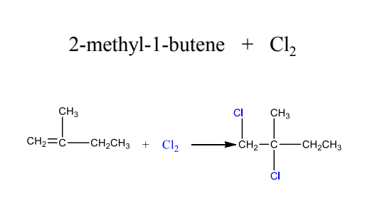 2-methyl-1-butene +
Cl,
CH3
CI
CH3
CH2=ċ-CH2CH3 +
Cl2
ČH2-C
-CH2CH3
