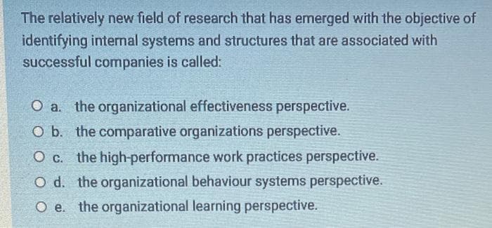 The relatively new field of research that has emerged with the objective of
identifying internal systems and structures that are associated with
successful companies is called:
O a. the organizational effectiveness perspective.
O b. the comparative organizations perspective.
O c. the high-performance work practices perspective.
O d. the organizational behaviour systems perspective.
O e. the organizational learning perspective.