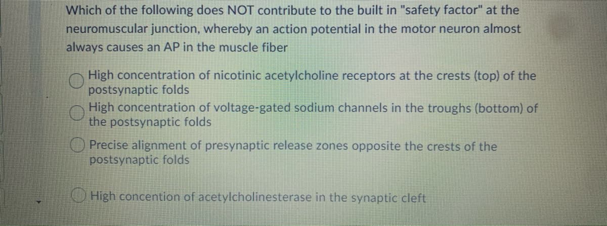 Which of the following does NOT contribute to the built in "safety factor" at the
neuromuscular junction, whereby an action potential in the motor neuron almost
always causes an AP in the muscle fiber
High concentration of nicotinic acetylcholine receptors at the crests (top) of the
postsynaptic folds
High concentration of voltage-gated sodium channels in the troughs (bottom) of
the postsynaptic folds
O Precise alignment of presynaptic release zones opposite the crests of the
postsynaptic folds
O High concention of acetylcholinesterase in the synaptic cleft
