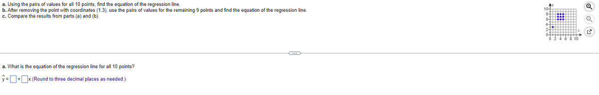 a. Using the pairs of values for all 10 points, find the equation of the regression line.
b. After removing the point with coordinates (1,3), use the pairs of values for the remaining 9 points and find the equation of the regression line.
c. Compare the results from parts (a) and (b).
a. What is the equation of the regression line for all 10 points?
ŷ=+x (Round to three decimal places as needed.)
G