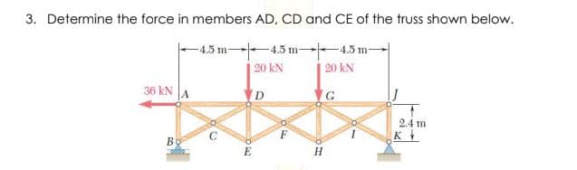 3. Determine the force in members AD, CD and CE of the truss shown below.
-4.5 m 45 m 4.5 m-
| 20 kN
| 20 kN
36 kN A
D
24 m
K
E
H
