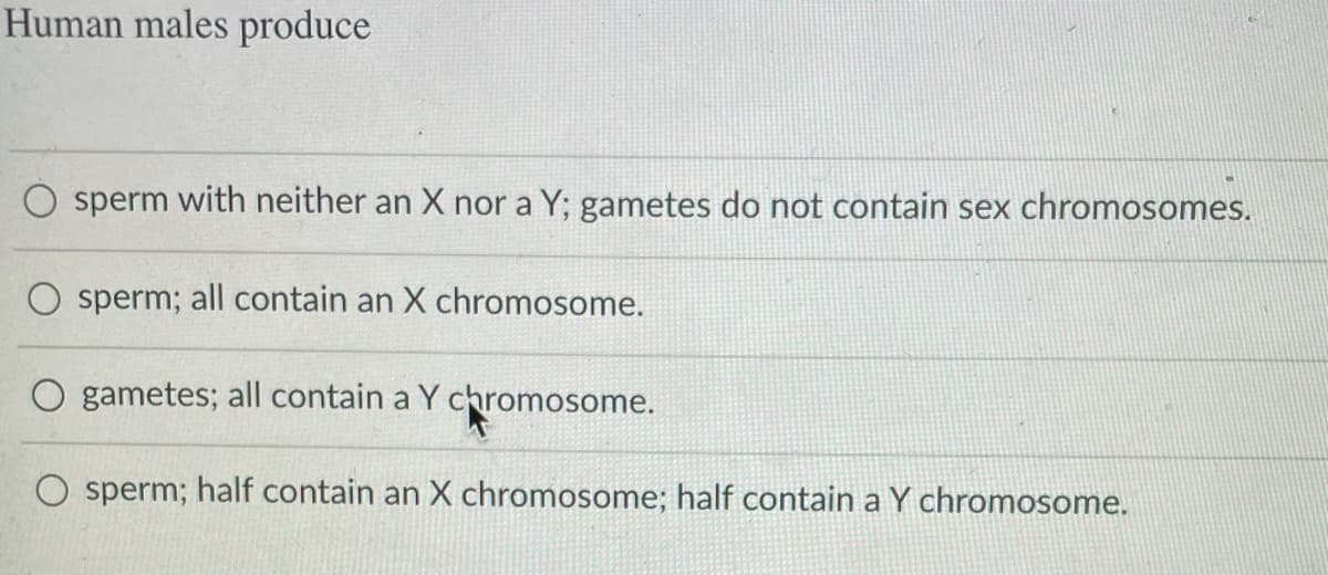 Human males produce
O sperm with neither an X nor a Y; gametes do not contain sex chromosomes.
sperm; all contain an X chromosome.
O gametes; all contain a Y chromosome.
O sperm; half contain an X chromosome; half contain a Y chromosome.
