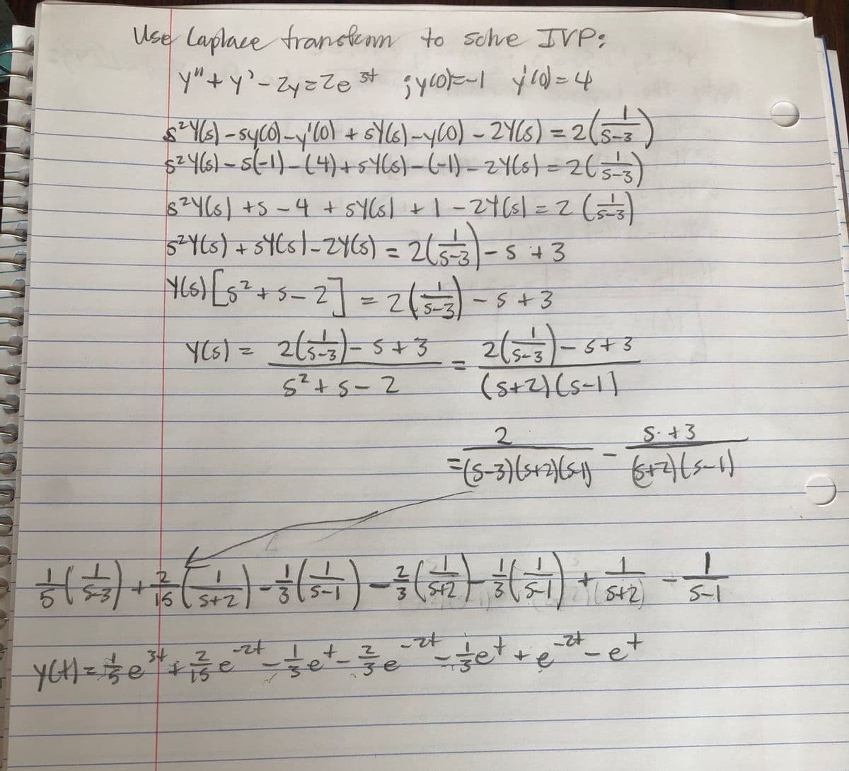 Use Laplace franolem to sohe IVP;
Y6) -syco)-y/10)+ sY(6)-y0) - 2Y6) = 2(5-2
$2466/-5-1)-14)+s466)-6-1)-2465}=265)
S-3
52Yts) +s4tst-2Y(s) = 2(5--5t 3
%3D
5-31
Yts)=
5²+s-2
(s+2)(s=I]
2.
S.+3
주)들~ (누)온~
Itet
S-1
St
şetre
at
し+2
3e
34
