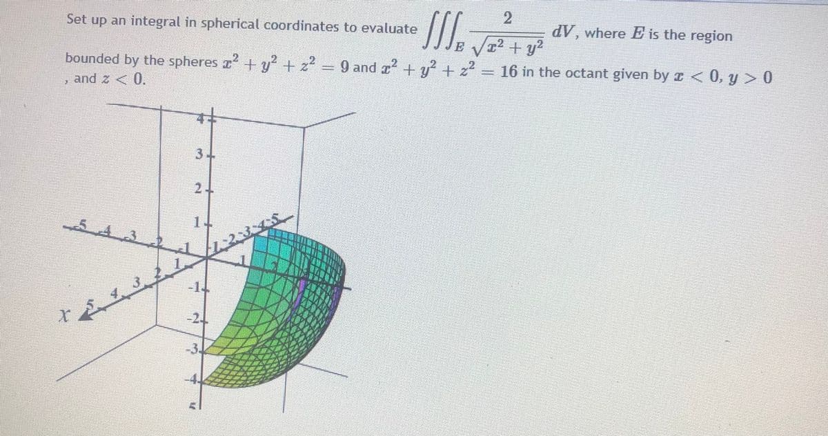 dV, where E is the region
Set up an integral in spherical coordinates to evaluate
Va2 + y?
E
= 9 and g2 + y? + z?
16 in the octant given by r < 0, y > 0
bounded by the spheres r +y' + z
and z < 0.
24
14
543
-14
-24
-34
