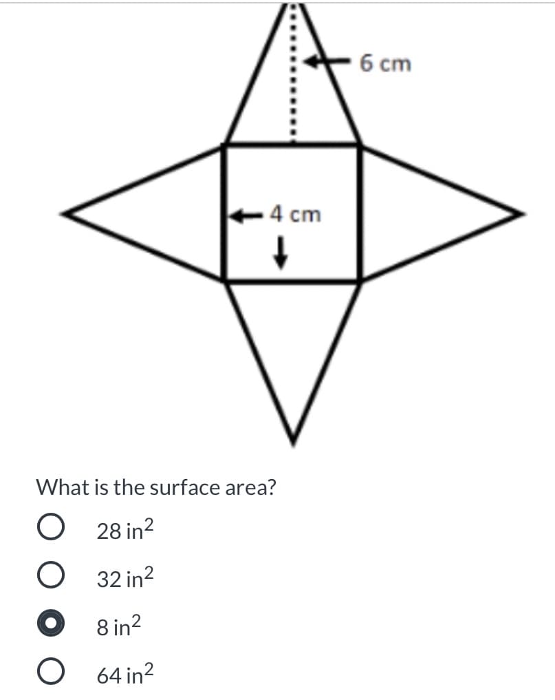 6 ст
4 сm
What is the surface area?
O 28 in?
O 32 in?
8 in?
O 64 in?
