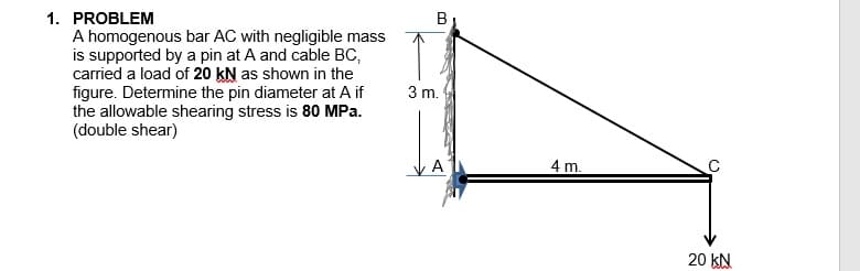 1. PROBLEM
B
A homogenous bar AC with negligible mass
is supported by a pin at A and cable BC,
carried a load of 20 kN as shown in the
figure. Determine the pin diameter at A if
the allowable shearing stress is 80 MPa.
(double shear)
3 m.
A
4 m.
20 KN
