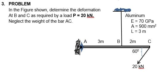 3. PROBLEM
In the Figure shown, determine the deformation
At B and C as required by a load P = 20 kN.
Neglect the weight of the bar AC.
Aluminum
E = 70 GPa
A = 900 mm?
L = 3 m
A 3m
B
2m
60°
20 KN
