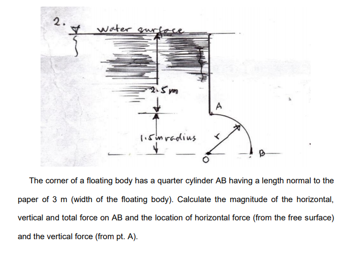2.
water qurface
2.5m
A
1i5mradius
The corner of a floating body has a quarter cylinder AB having a length normal to the
paper of 3 m (width of the floating body). Calculate the magnitude of the horizontal,
vertical and total force on AB and the location of horizontal force (from the free surface)
and the vertical force (from pt. A).
