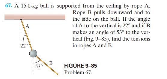 67. A 15.0-kg ball is supported from the ceiling by rope A.
Rope B pulls downward and to
the side on the ball. If the angle
A
of A to the vertical is 22° and if B
makes an angle of 53° to the ver-
tical (Fig. 9-85), find the tensions
in ropes A and B.
22°
В
53°
FIGURE 9-85
Problem 67.
