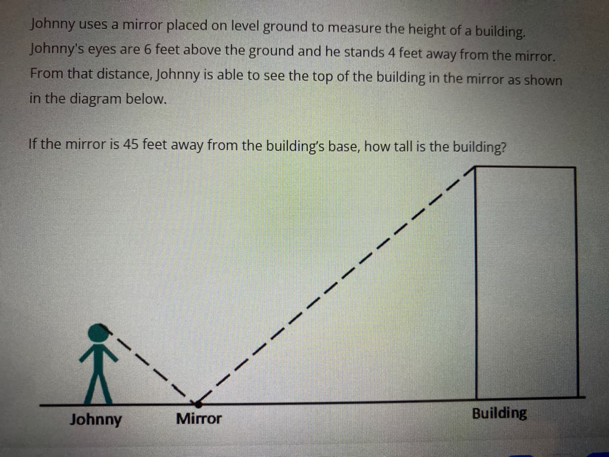 Johnny uses a mirror placed on level ground to measure the height of a building.
Johnny's eyes are 6 feet above the ground and he stands 4 feet away from the mirror.
From that distance, Johnny is able to see the top of the building in the mirror as shown
in the diagram below.
If the mirror is 45 feet away from the building's base, how tall is the building?
Johnny
Mirror
--
Building