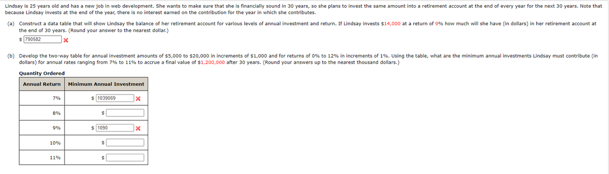 Lindsay is 25 years old and has a new job in web development. She wants to make sure that she is financially sound in 30 years, so she plans to invest the same amount into a retirement account at the end of every year for the next 30 years. Note that
because Lindsay invests at the end of the year, there is no interest earned on the contribution for the year in which she contributes.
(a) Construct a data table that will show Lindsay the balance of her retirement account for various levels of annual investment and return. If Lindsay invests $14,000 at a return of 9% how much will she have (in dollars) in her retirement account at
the end of 30 years. (Round your answer to the nearest dollar.)
$ 790582
X
(b) Develop the two-way table for annual investment amounts of $5,000 to $20,000 in increments of $1,000 and for returns of 0% to 12% in increments of 1%. Using the table, what are the minimum annual investments Lindsay must contribute (in
dollars) for annual rates ranging from 7% to 11% to accrue a final value of $1,200,000 after 30 years. (Round your answers up to the nearest thousand dollars.)
Quantity Ordered
Annual Return Minimum Annual Investment
7%
8%
9%
10%
11%
$ 1039069
$
$ 1090
$
X
x