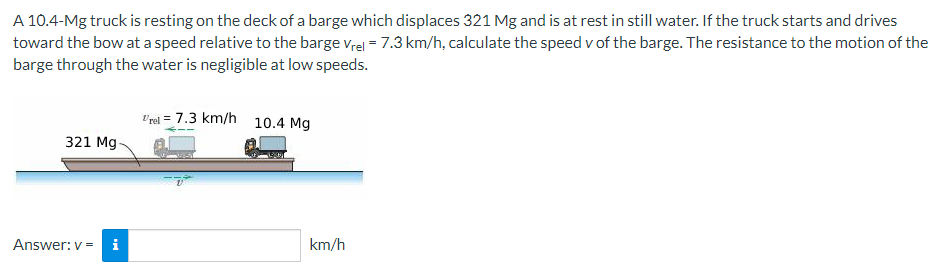 A 10.4-Mg truck is resting on the deck of a barge which displaces 321 Mg and is at rest in still water. If the truck starts and drives
toward the bow at a speed relative to the barge vrel = 7.3 km/h, calculate the speed v of the barge. The resistance to the motion of the
barge through the water is negligible at low speeds.
l'rel = 7.3 km/h 10.4 Mg
321 Mg
Answer: v =
i
km/h
