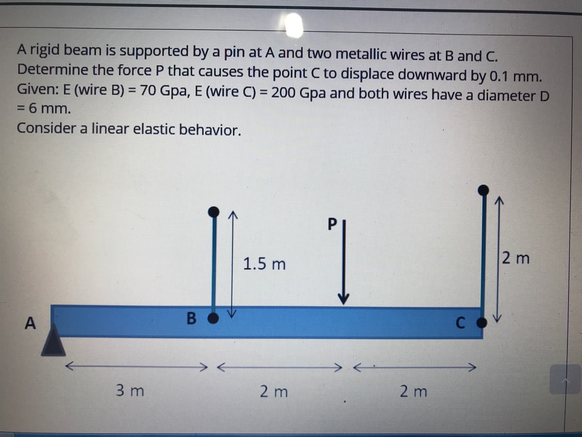A rigid beam is supported by a pin at A and two metallic wires at B and C.
Determine the force P that causes the point C to displace downward by 0.1 mm.
Given: E (wire B) = 70 Gpa, E (wire C) = 200 Gpa and both wires have a diameter D
=6 mm.
%3D
Consider a linear elastic behavior.
2 m
1.5 m
A
3 m
2 m
2 m
