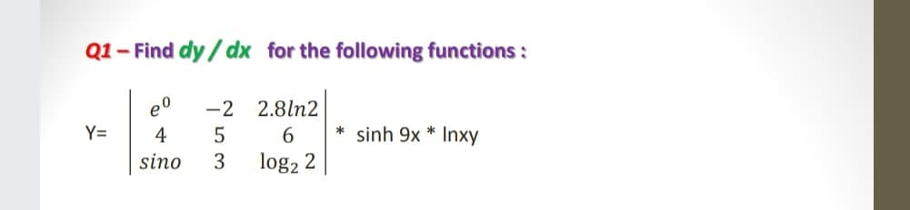 Q1- Find dy / dx for the following functions :
-2 2.8ln2
Y=
4
6.
sinh 9x * Inxy
sino
3
log2 2

