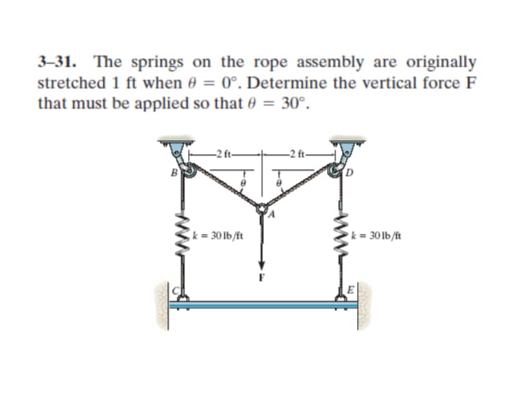 3–31. The springs on the rope assembly are originally
stretched 1 ft when 0 = 0°. Determine the vertical force F
that must be applied so that 0 = 30°.
%3D
-2 ft-
-2 ft-
B
k = 30 lb/ft
k = 30 lb/ft
