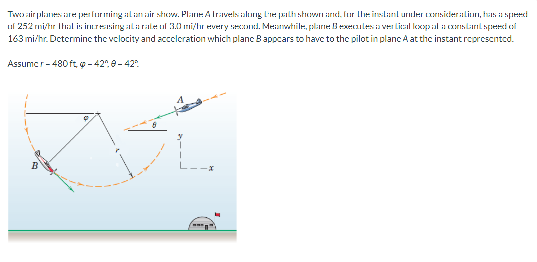 Two airplanes are performing at an air show. Plane A travels along the path shown and, for the instant under consideration, has a speed
of 252 mi/hr that is increasing at a rate of 3.0 mi/hr every second. Meanwhile, plane B executes a vertical loop at a constant speed of
163 mi/hr. Determine the velocity and acceleration which plane B appears to have to the pilot in plane A at the instant represented.
Assume r = 480 ft, o = 42°, e = 42°.
B
