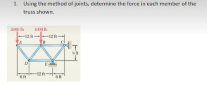 1. Using the method of joints, determine the force in each member of the
truss shown.
2000 Ib
1000 h
12 ft
IT
-12 ft
6 ft
6 ft
