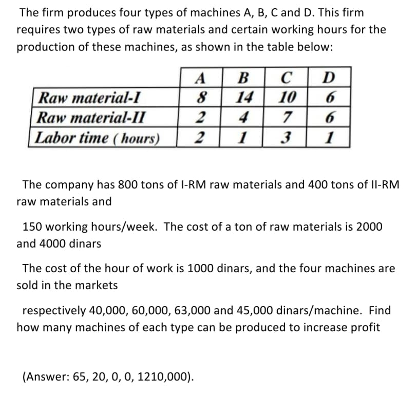The firm produces four types of machines A, B, C and D. This firm
requires two types of raw materials and certain working hours for the
production of these machines, as shown in the table below:
A
В
D
Raw material-I
8
14
10
Raw material-II
2
4
7
Labor time ( hours)
2
1
3
1
The company has 800 tons of l-RM raw materials and 400 tons of II-RM
raw materials and
150 working hours/week. The cost of a ton of raw materials is 2000
and 4000 dinars
The cost of the hour of work is 1000 dinars, and the four machines are
sold in the markets
respectively 40,000, 60,000, 63,000 and 45,000 dinars/machine. Find
how many machines of each type can be produced to increase profit
(Answer: 65, 20, 0, 0, 1210,000).
