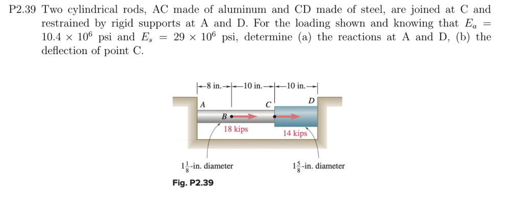 =
P2.39 Two cylindrical rods, AC made of aluminum and CD made of steel, are joined at C and
restrained by rigid supports at A and D. For the loading shown and knowing that Ea
10.4 × 106 psi and Es = 29 × 106 psi, determine (a) the reactions at A and D, (b) the
deflection of point C.
-8 in.-
E
A
1-¹-in. diameter
Fig. P2.39
10 in.-10 in..
B.
18 kips
C
D
14 kips
15-in. diameter
