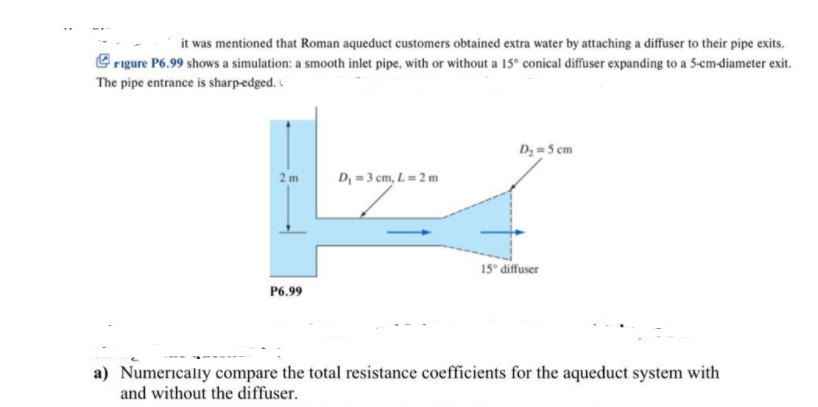 it was mentioned that Roman aqueduct customers obtained extra water by attaching a diffuser to their pipe exits.
C rigure P6.99 shows a simulation: a smooth inlet pipe, with or without a 15° conical diffuser expanding to a 5-cm-diameter exit.
The pipe entrance is sharpedged.
D; = 5 cm
2 m
D, = 3 cm, L= 2 m
15° diffuser
P6.99
a) Numerically compare the total resistance coefficients for the aqueduct system with
and without the diffuser.
