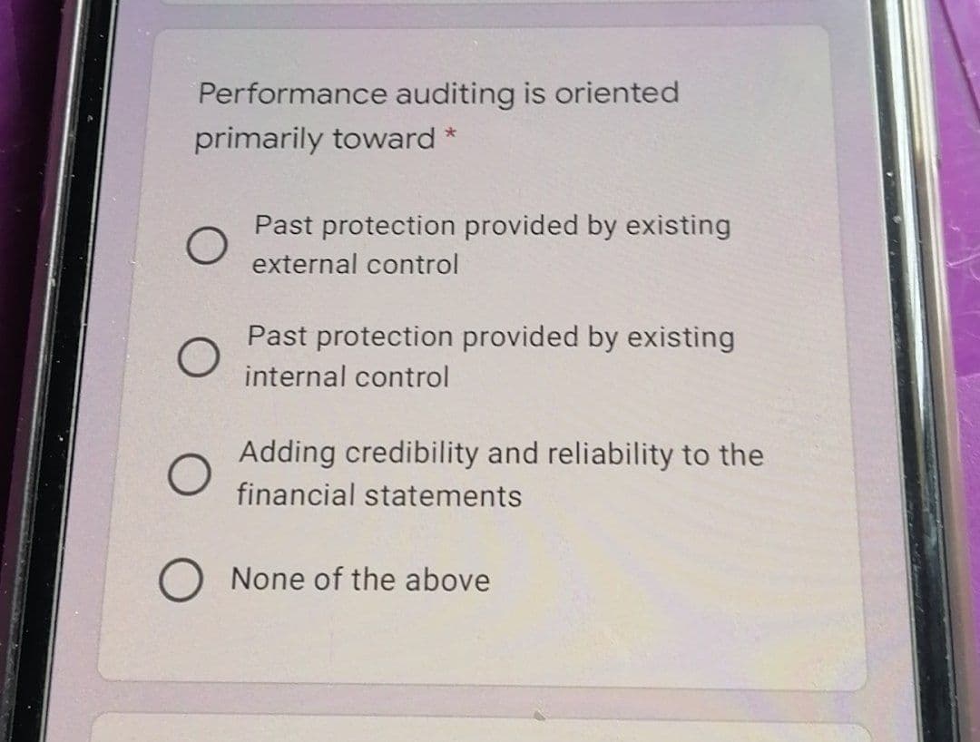 Performance auditing is oriented
primarily toward
Past protection provided by existing
external control
Past protection provided by existing
internal control
Adding credibility and reliability to the
financial statements
None of the above
