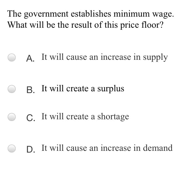 The government establishes minimum wage.
What will be the result of this price floor?
A. It will cause an increase in supply
B. It will create a surplus
C. It will create a shortage
D. It will cause an increase in demand
