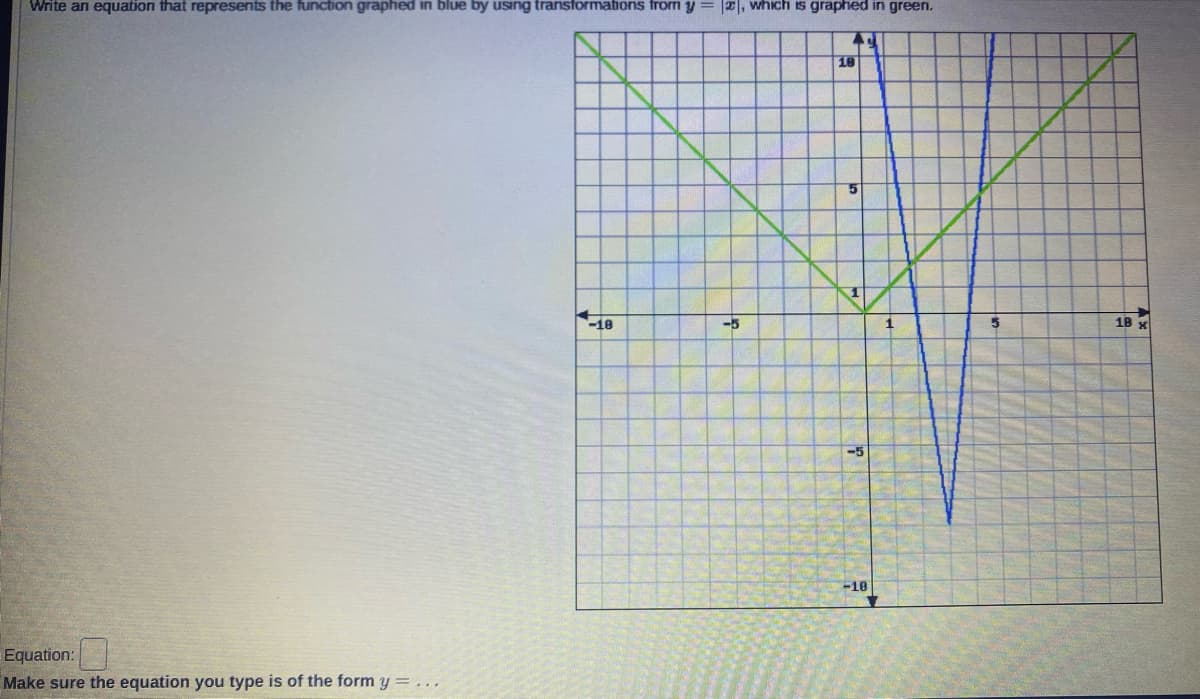 Write an equation that represents the function graphed in blue by using transformations from y = E|, which is graphed in green.
18
-18
-5
-10
Equation:
Make sure the equation you type is of the form y = ...
