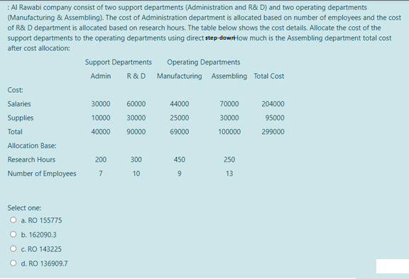 AI Rawabi company consist of two support departments (Administration and R& D) and two operating departments
(Manufacturing & Assembling). The cost of Administration department is allocated based on number of employees and the cost
of R& D department is allocated based on research hours. The table below shows the cost details. Allocate the cost of the
support departments to the operating departments using direct step-dowrtHow much is the Assembling department total cost
after cost allocation:
Support Departments
Operating Departments
Admin
R&D Manufacturing Assembling Total Cost
Cost:
Salaries
30000
60000
44000
70000
204000
Supplies
10000
30000
25000
30000
95000
Total
40000
90000
69000
100000
299000
Allocation Base:
Research Hours
200
300
450
250
Number of Employees
7
10
9.
13
Select one:
O a. RO 155775
O b. 162090.3
O c. RO 143225
O d. RO 136909.7
