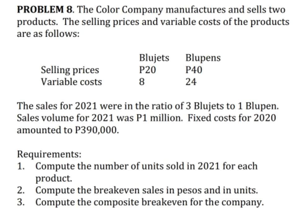 PROBLEM 8. The Color Company manufactures and sells two
products. The selling prices and variable costs of the products
are as follows:
Blujets
Blupens
Selling prices
Variable costs
P20
P40
8
24
The sales for 2021 were in the ratio of 3 Blujets to 1 Blupen.
Sales volume for 2021 was P1 million. Fixed costs for 2020
amounted to P390,000.
Requirements:
1. Compute the number of units sold in 2021 for each
product.
2. Compute the breakeven sales in pesos and in units.
3. Compute the composite breakeven for the company.
