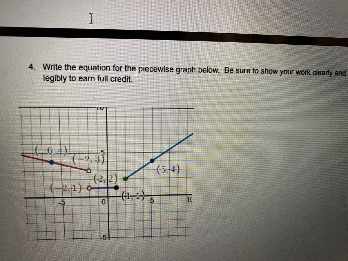 4. Write the equation for the piecewise graph below. Be sure to show your work clearly and
legibly to earn full credit.
-6,4).
|(-2, 3)
(5,4)
(2,2)
(-2,1) o-
-(1-1)
-5
10
-5+
