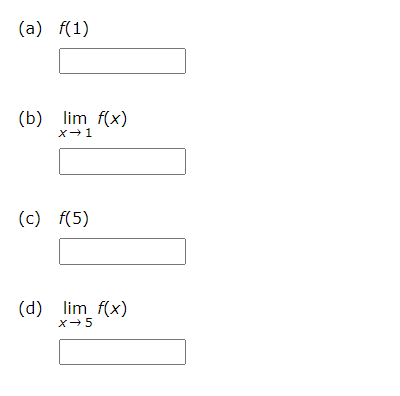 (a) f(1)
(b) lim f(x)
X→ 1
(c) f(5)
(d) lim f(x)
x → 5