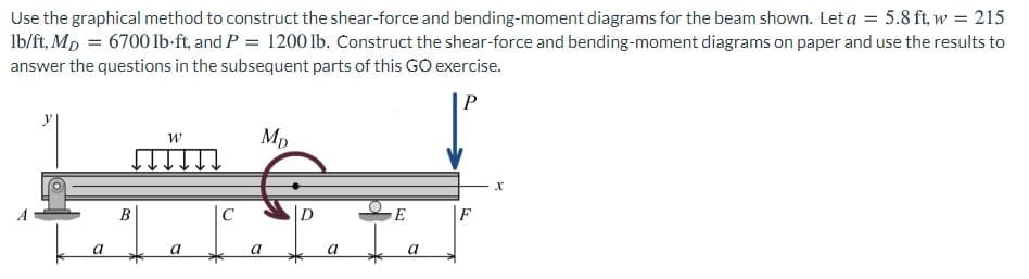 Use the graphical method to construct the shear-force and bending-moment diagrams for the beam shown. Let a = 5.8 ft, w = 215
Ib/ft, Mp = 6700 lb-ft, and P = 1200 lb. Construct the shear-force and bending-moment diagrams on paper and use the results to
answer the questions in the subsequent parts of this GO exercise.
P
Mp
B
C
E
a
a
a
