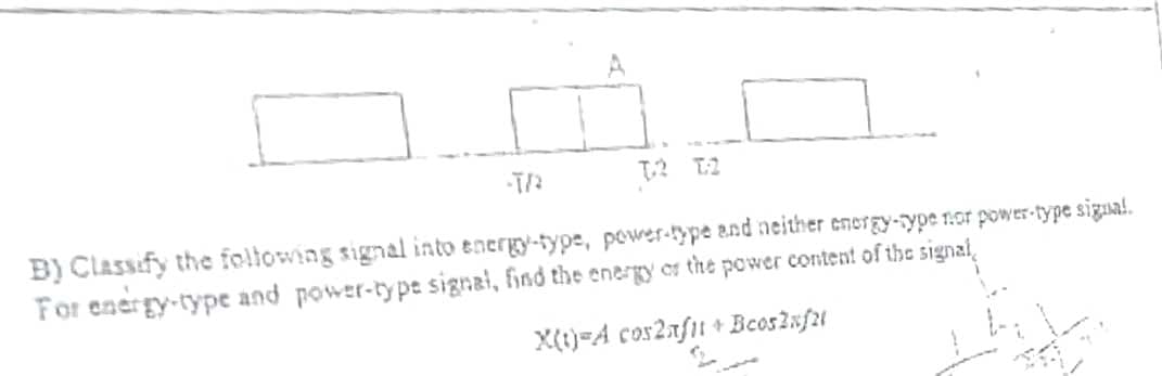 B) Classify the following signal into energy-type, power-type and neither energy-ype r.or power-type sigual.
For energy-type and power-type signai, find the energy er the power content of the signal,
X(t)=A cos2af1 + Beos2nf2l
