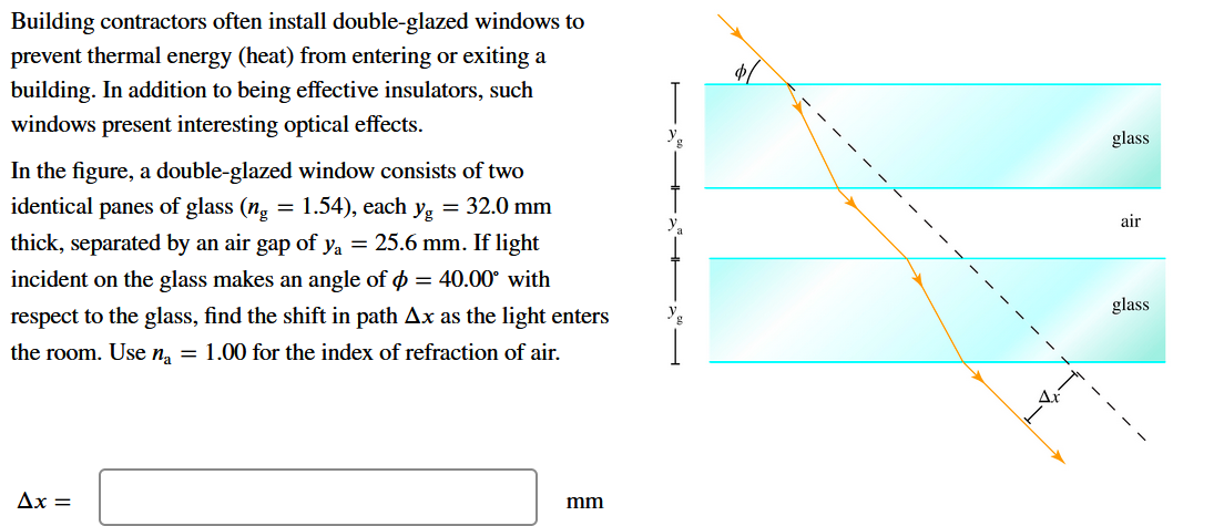 Building contractors often install double-glazed windows to
prevent thermal energy (heat) from entering or exiting a
building. In addition to being effective insulators, such
windows present interesting optical effects.
glass
In the figure, a double-glazed window consists of two
identical panes of glass (n, = 1.54), each y, = 32.0 mm
air
thick, separated by an air gap of ya = 25.6 mm. If light
incident on the glass makes an angle of ø = 40.00° with
glass
respect to the glass, find the shift in path Ax as the light enters
the room. Use n, = 1.00 for the index of refraction of air.
Ax =
mm
