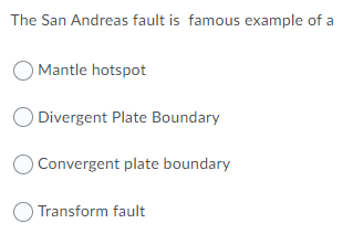 The San Andreas fault is famous example of a
O Mantle hotspot
O Divergent Plate Boundary
Convergent plate boundary
O Transform fault
