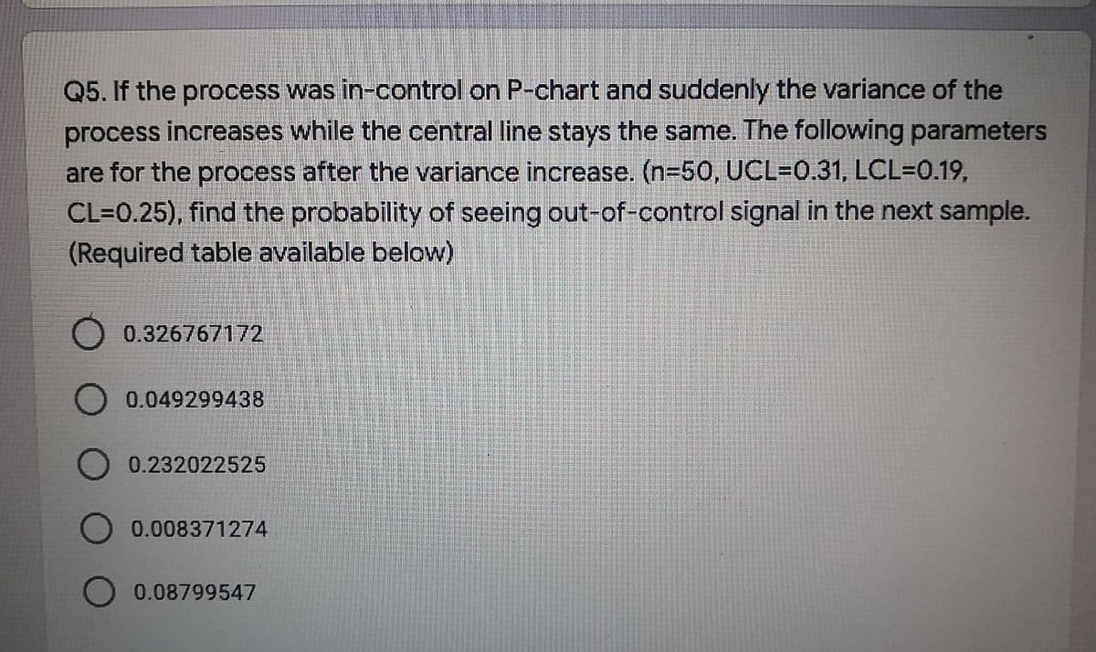 Q5. If the process was in-control on P-chart and suddenly the variance of the
process increases while the central line stays the same. The following parameters
are for the process after the variance increase. (n-50, UCL=D0.31, LCL=0.19,
CL=0.25), find the probability of seeing out-of-control signal in the next sample.
(Required table available below)
0.326767172
O 0.049299438
0.232022525
0.008371274
0.08799547
