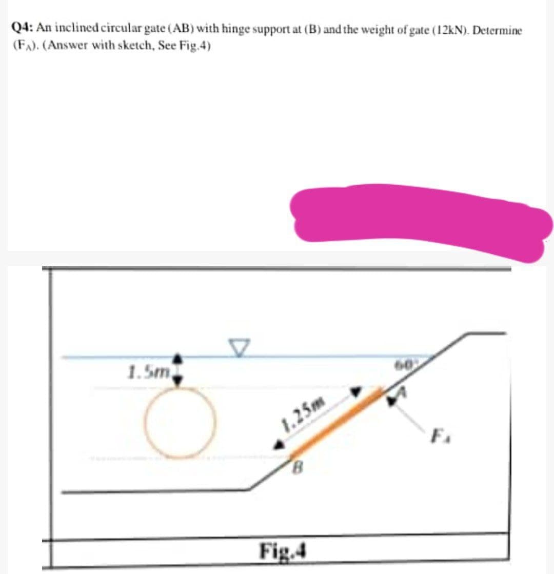 Q4: An inclined circular gate (AB) with hinge support at (B) and the weight of gate (12KN). Determine
(F). (Answer with sketch, See Fig.4)
1. 5m
1.25m
Fig.4
