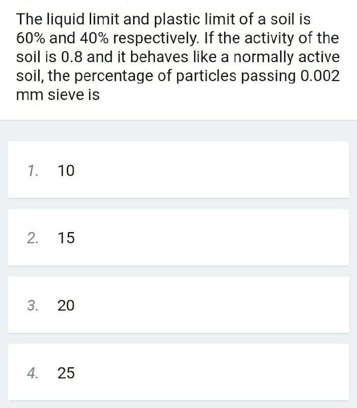 The liquid limit and plastic limit of a soil is
60% and 40% respectively. If the activity of the
soil is 0.8 and it behaves like a normally active
soil, the percentage of particles passing 0.002
mm sieve is
1.
10
15
3.
20
4.
25
2.
