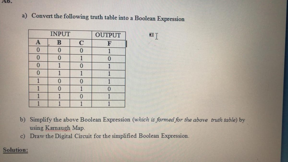 A6.
a) Convert the following truth table into a Boolean Expression
INPUT
OUTPUT
C
F
0.
1
0.
1
0.
1
1
1
1
1
0.
1
1
1
0.
1
1
1
1
1
1
1
b) Simplify the above Boolean Expression (which is formed for the above truth table) by
using Kamaugh Map.
c) Draw the Digital Circuit for the simplified Boolean Expression.
Solution:

